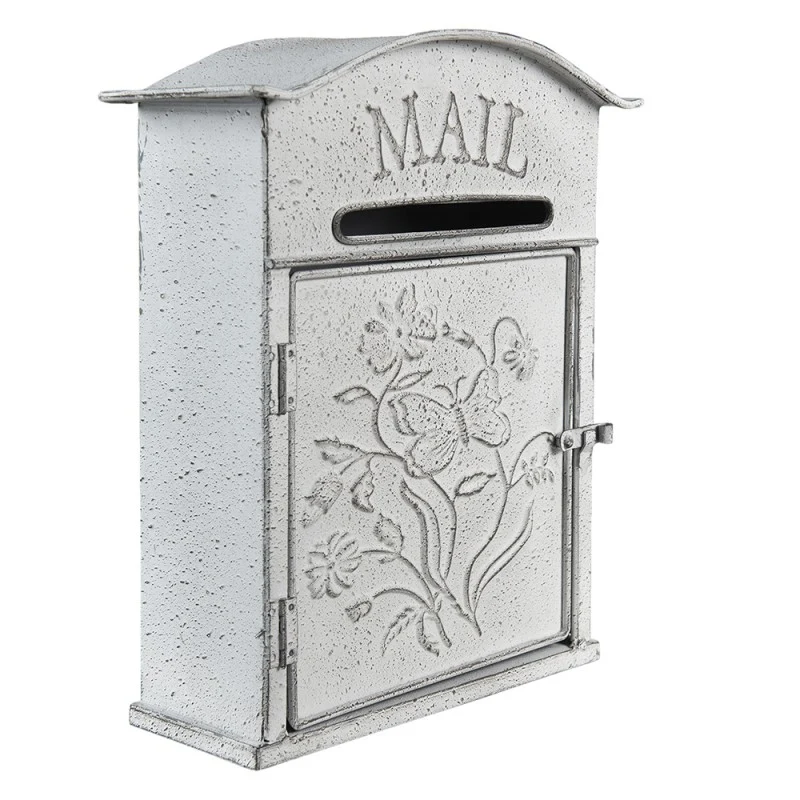 Vintage fém szürkés fehér postaláda virágokkal, pillangóval MAIL