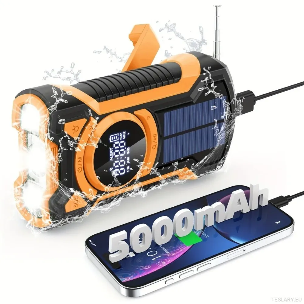 Multifunkcionális Tesla és más EV sürgősségi rádió kézi forrású generátor zseblámpa SOS FM/AM/WB/BT 5000MAH-val